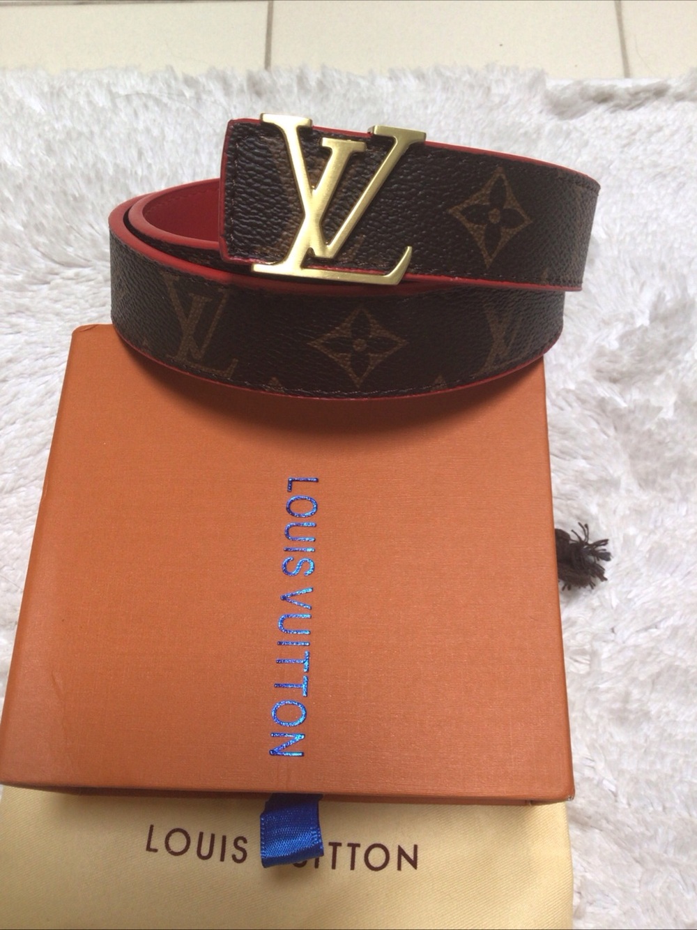 Louis Vuitton red brown leather monogram canvas belt women, box, sz 32”-38”